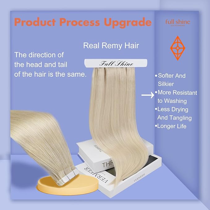 Full Shine Tape in Hair Extensions 10Inch Invisible Pu Tape in Real Human Hair Extensions Solid Color 60 Platinum Blonde Straight Hair 30G Seamless Brazilian Glue in Human Hair 20Pcs Natural Hair