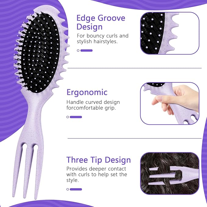 Curly Hair Brush Set,Curl Defining Brush for Curly Hair,Trident Handle Design,Detangling & Shaping & Defining Curls for Women and Girls,Wet or Dry Hair(Purple)