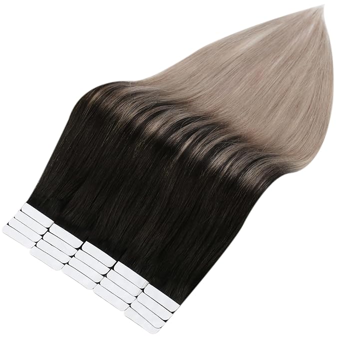 Full Shine Black Tape in Extensions Real Human Hair 20 Inch Hair Extensions 1B Natural Black Fading to 18 Ash Blonde 50G 20Pcs Tape ins Human Hair Extensions Seamless Skin Weft Invisible for Women