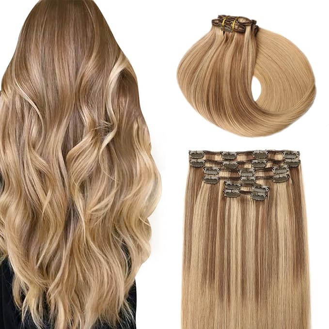 SURNEL Clip in Hair Extensions Balayage Golden Brown Fading to Honey Blonde Clip in Extensions Real Human Hair 16inch 6pcs 100g(#10/27/27,16'')