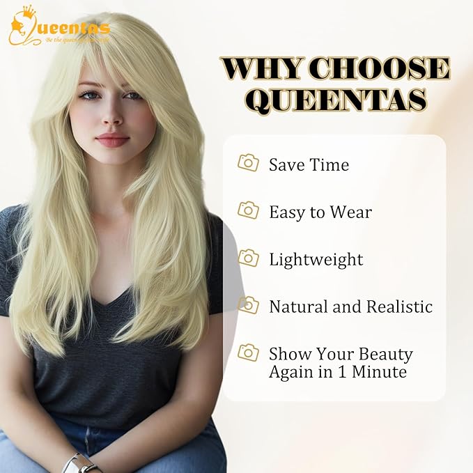 QUEENTAS 18" Blonde Hair Topper for Women with Thinning Hair Pieces 6"*6.2"Large Coverage 360°3D Cover Synthetic Long Straight with 5 Clips in Wiglets(Blonde)