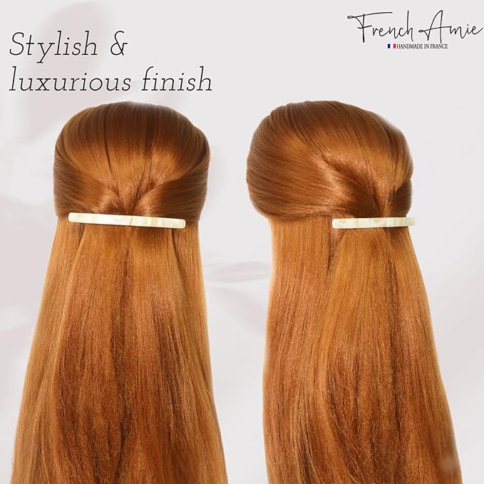 French Amie Long and Thin Large 4" Handmade Celluloid Hair Barrette Clip for Girls Automatic Strong Hold Hair Clips for Women No Slip Durable Paris Hair Accessories, Made in France (Cream Nougat)