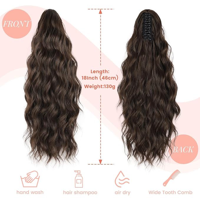 Claw Clip Ponytail Extension 18 Inch Curly Wavy Ponytail Extension Jaw Clip on Pony Tails Hairpiece for Women Fluffy Natural Synthetic for Daily Use (Dark Chestnut Brown)