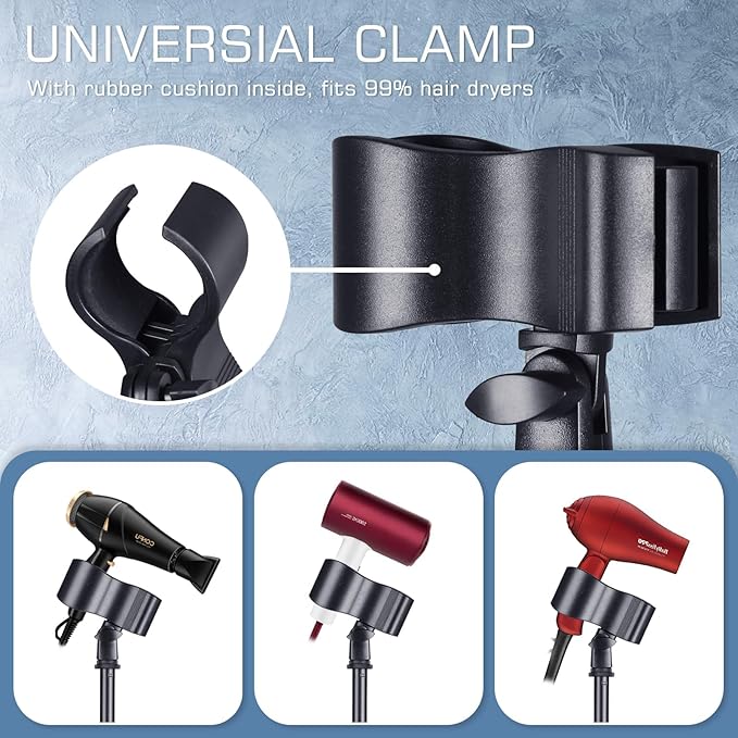 Hands Free Hair Dryer Upgraded Blower Holder with Larger Clamp, 18.8-59in Height Adjustable Blow Dryer Floor Countertop Stand Holder with Heavy Base