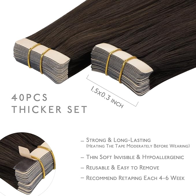 Wennalife Tape in Hair Extensions Human Hair, 40pcs 100g 22 inch Light Dark Brown Hair Extensions Real Human Hair Straight Tape in Extensions Invisible Human Hair Extensions Real Hair Extensions