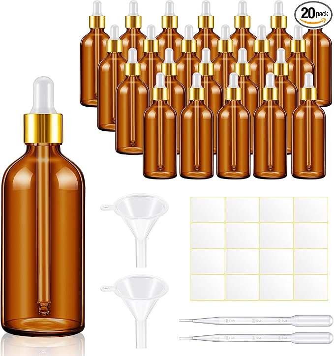 Tessco for you 20 Pack 3.4 oz Glass Dropper Bottles with Glass Eye Droppers for Essential Oils, Empty Oil Bottles with Funnel, Labels and Pipette for Hair Oils Perfume Cosmetic Travel(Dark Brown)