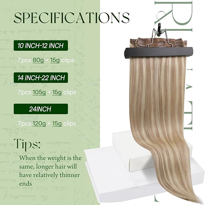 RUNATURE Human Hair Clip in Extensions, 24 Inch Clip in Hair Extensions Real Human Hair, Double Weft Full Head Straight Remy Hair 135g 7pcs #18P60 Ash Blonde Highlight Platinum Blonde