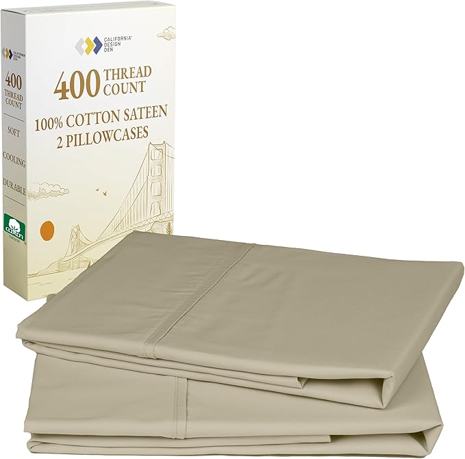 California Design Den Standard/Queen Size Pillowcase Set - 400 Thread Count Pillowcases, 100% Cotton Sateen, Set of 2 Pillow Covers, Soft and Breathable - Beige (Golden Tone)