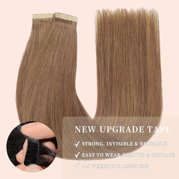 Tape in Hair Extensions Real Human Hair 24 Inch Medium Brown Double Sided Tape for Skin Weft Hair Extension Invisible Tape in Hair Extensions Straight Remy Human Hair for Women 20pcs (10#,24 Inch)