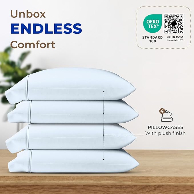 THREAD SPREAD 100% Egyptian Cotton Pillow Cases - High Thread Count Pillowcases Queen/Standard Size Pack of 2, Soft & Breathable Extra Long Staple Sateen Cotton Pillow Covers for Bed - Light Blue