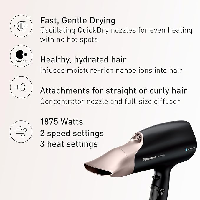 Panasonic Nanoe Salon Hair Dryer, Oscillating QuickDry Nozzle, Blow Dryer with Diffuser, Concentrator Attachments, 3 Speed Heat Settings for Styling and Healthy Hair - EH-ANA6HN (Black/ Pink Gold)