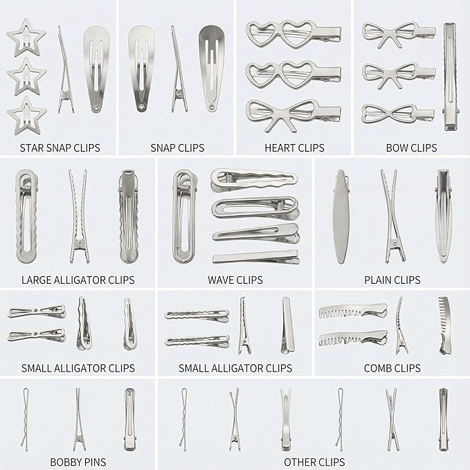Silver Hair Clips Set for Women Styling 50pcs Bulk Barrettes Snap Hair Clips Ties Duck Bill Clip Metal Alligator No Crease Clip Bows Y2K Cute Bangs Hairclips Accessories (Silver)