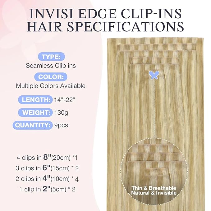 DOORES Invisible Clip in Hair Extensions 14 inch 130g 9pcs, Real Human Hair Invisi Edge Clip in Extensions, Virgin PU Clipins Straight Thickening, 16/22 Light Blonde Highlighted Golden Blonde