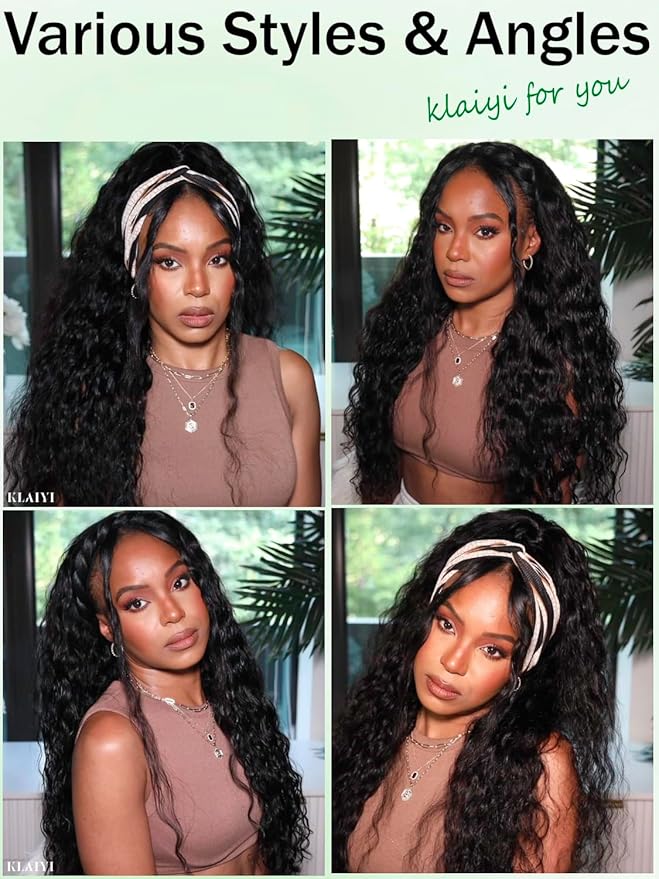 KLAIYI Water Wave 3 In 1 Flip Over 3/4 Half Wig Human Hair Curly Flip Over Seamless Blend Edges Glueless Wear and Go Drawstring Headband Clip In Wigs for Women Ready to Go Wig Beginner Friendly 24Inch