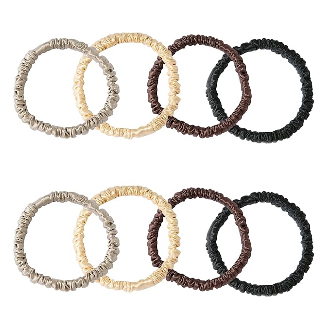 8 Set 100% Pure Mulberry Silk Hair-Friendly + Luxurious Elastic Skinny Scrunchies Travel Pouch Everyday Hair Ties Elastics Hair Care Ponytail Holder No Damage