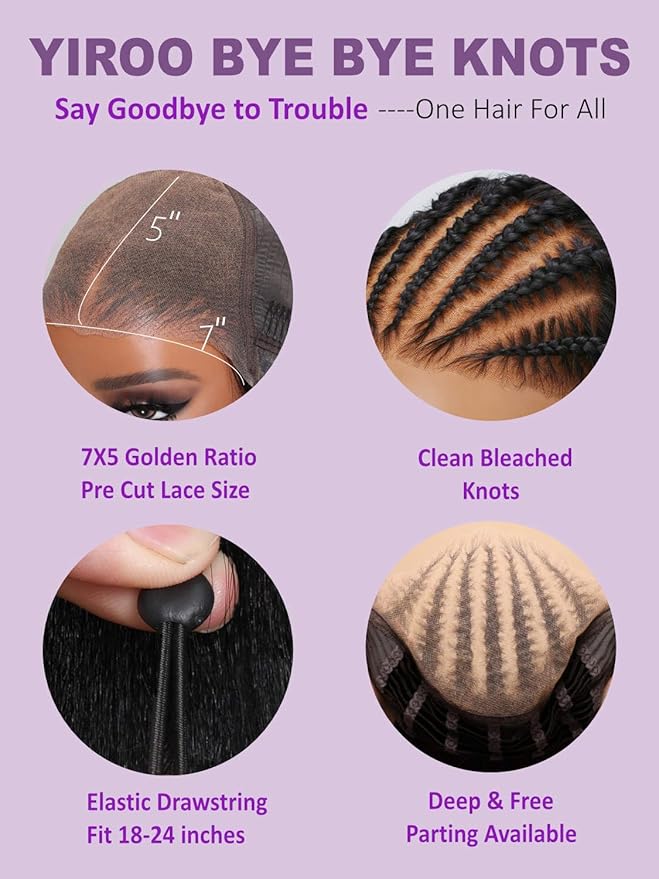 YIROO Bye Bye Knots Glueless Water Wave and Jerry Curly Drawstring Wig Human Hair, 7x5 Pre Cut Lace Front Glueless Wigs Pre Bleached Pre Plucked Wear and Go Wig for Women 150% Density 26Inch