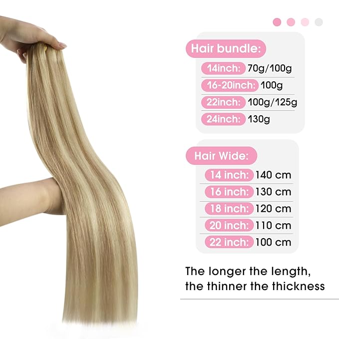 YoungSee 24Inch Weft Hair Extensions Human Hair Blonde Highlight Sew in Hair Extensions Golden Blonde Highlighted Dark Ash Blonde Smooth Double Weft Human Hair Extensions 100G