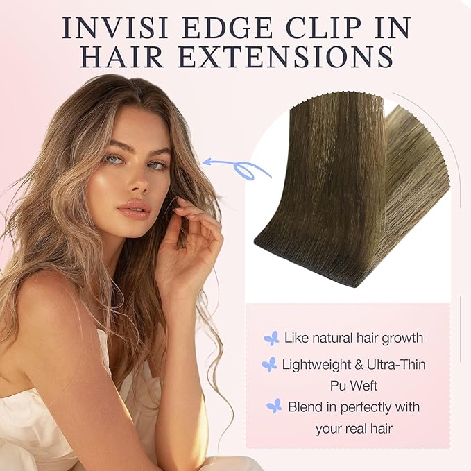 DOORES Invisi Edge Clip in Hair Extensions 16 inch 120g 7pcs, Virgin Real Human Hair PU Clip in Extension Invisible Seamless Thickening Hairstyle, 3/8/613 Walnut Brown to Ash Brown and Bleach Blonde