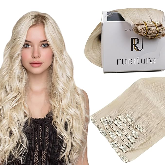 RUNATURE Blonde Clip in Hair Extensions Real Human Hair, Remy Hair Extensions Clip Ins, Double Weft Human Hair Clip in Extensions, Natural Looking For Daily Wearing, 18 Inch 120g #800 Platinum Blonde