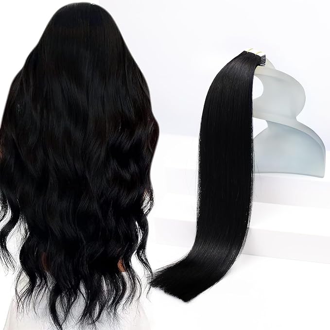 Sunny Hair Tape in Hair Extensions Human Hair 14inch Hair Extensions Real Human Hair Tape in Extensions for Women Jet Black Invisible Remy Hair Natural Straight Skin Weft Double Sided Tapes 20Pcs 50g