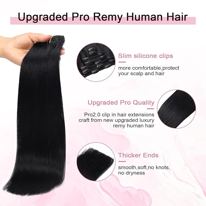 Pro2.0 Remy Clip in Extensions Real Human Hair Color #1 Jet Black Remy Clip in Hair Extensions Real Human Hair 18inch 120g Thick 7pcs Seamless Double Weft for Women（#1-18inch）