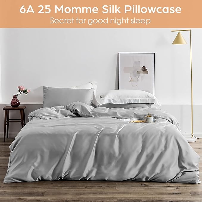 Silk Pillowcase for Hair and Skin, 2 Pack 100% Mulberry Silk Pillowcase 25 Momme, 600 Thread Count, Both Side Pure Silk Pillow Cover with Hidden Zipper (Gray, Queen 20''×30'')