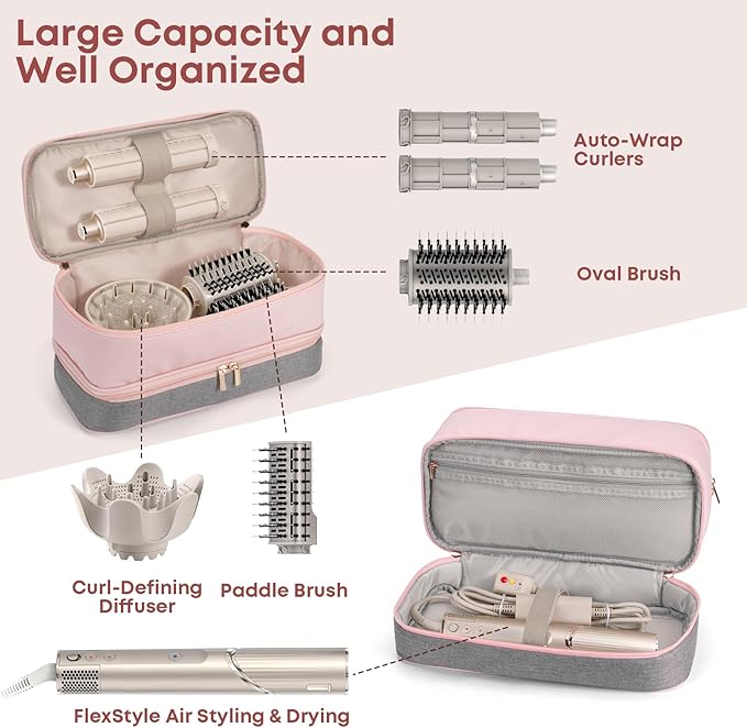 Travel Carrying Case for Shark Flexstyle FlexFusion Revlon Hair Dryer Airwrap, Portable Double Layer Shark Hair Tools Storage Organizer Bag for Airwrap Styler and Attachments, Pink Gray-Bag Only