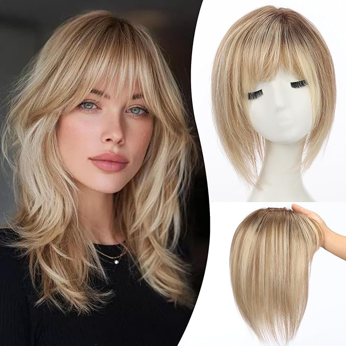 EMMOR 12 Inch Human Hair Topper for Women - Real Hair Topper with Bangs & 6.5" × 6.5" Larger Base, Natural Thin Hair Solution for Women(Ombre Blonde & Brown Highlight)