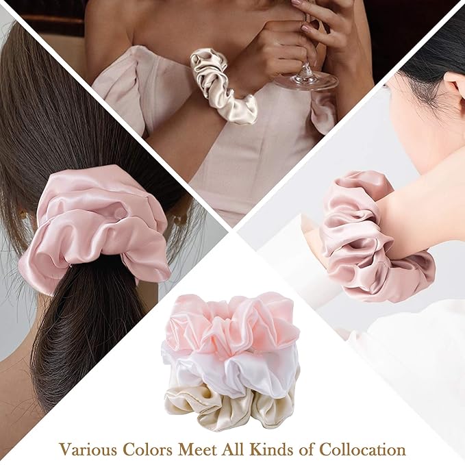 Mulberry Silk Hair Ties - Frizz Prevention, Sleep Accessories for Women (Beige, White, Pink, 3-Pack)
