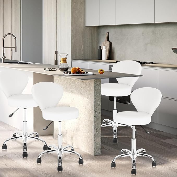 Set of 2 PVC Faux Leather Rolling Swivel Salon Stool Chair with Back Support Adjustable Hydraulic Seat Height 22 in Diameter 15 Inch for Facial Spa Medical Tattoo Beauty Barber White 2 Pack