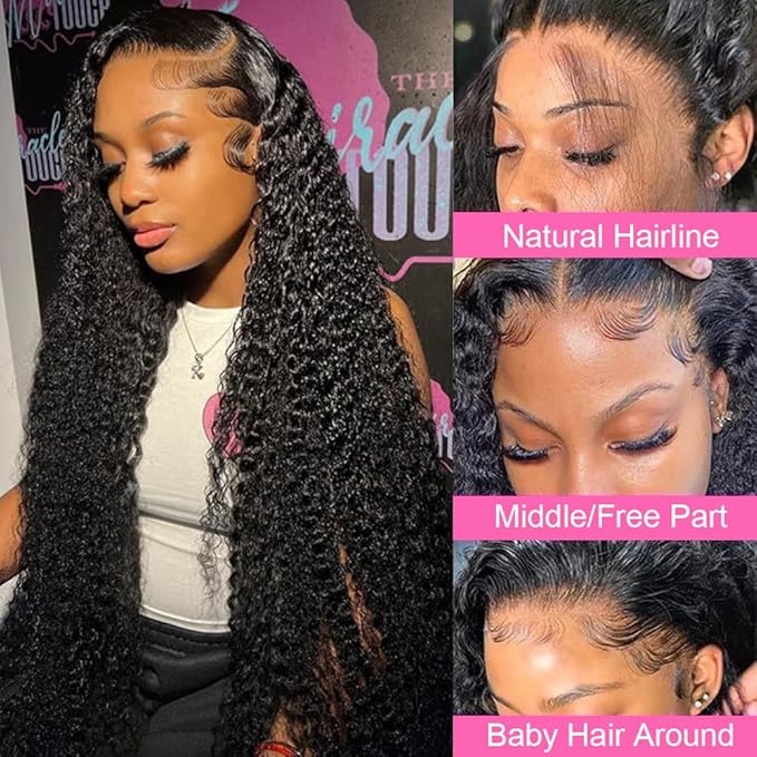 34 Inch Deep Wave Lace Front Wigs Human Hair 13x6 HD Lace Frontal Wigs for Women 200% Density Deep Curly Human Hair Wigs Pre Plucked with Baby Hair Glueless Wigs Natural Color