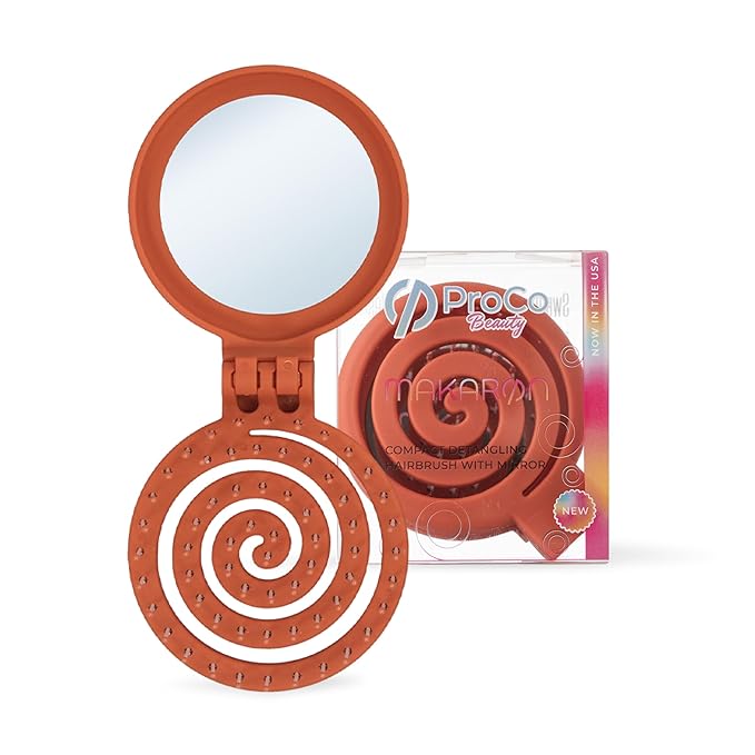 Mini Detangler Travel Hair Brush with Mirror, Makaron Hair Brushes for Women, Men and Kids, Unique 3D Flexible Design for All Hair Types, Styling Accessory, Travel Essentials for Women (DARK ORANGE)