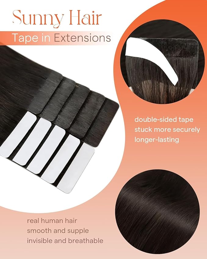 Sunny Hair Tape in Hair Extensions Real Human Hair Invisible Remy Hair Extensions Tape ins for Women Darkest Brown 16 inch 25G