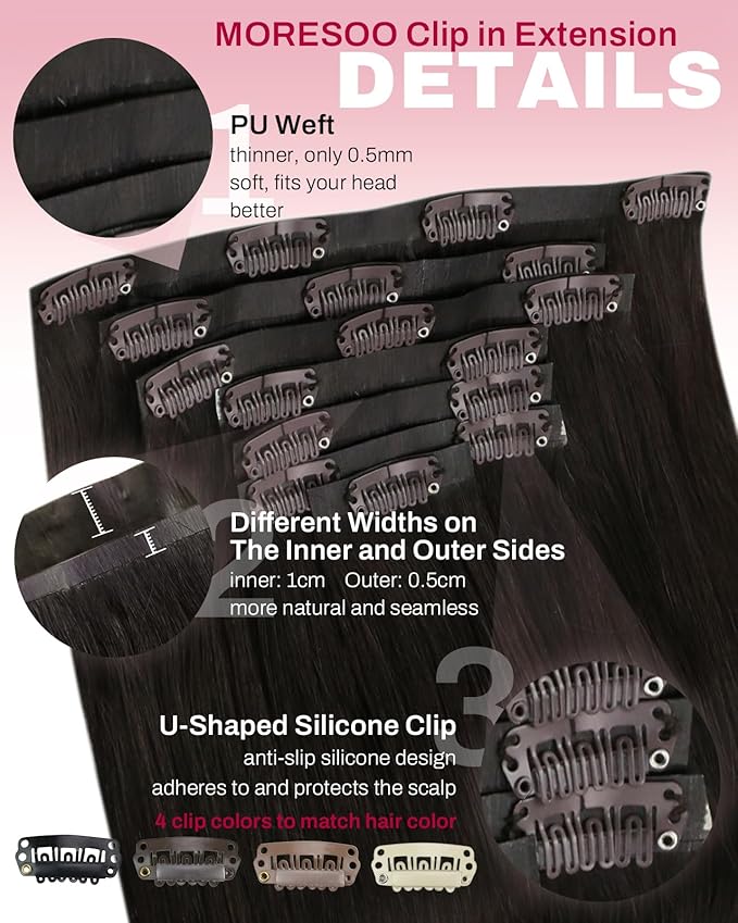 Moresoo Seamless Clip in Hair Extensions Human Hair Dark Brown Hair Extensions Clip in Real Human Hair Dark Brown Pu Weft invisible for Women Thick And Long for Daily 135g/7pcs 18 inch