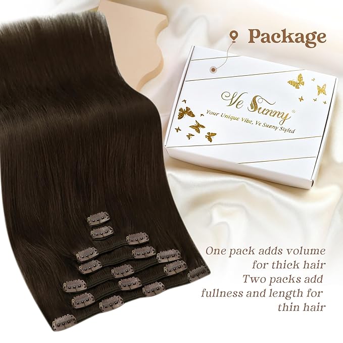 Ve Sunny Brown Clip in Hair Extensions Human Hair Clip in Extensions Dark Brown Hair Extensions Clip ins Long Hair Extensions Real Human Hair Clip in Natural Look 20inch 7pcs 120g