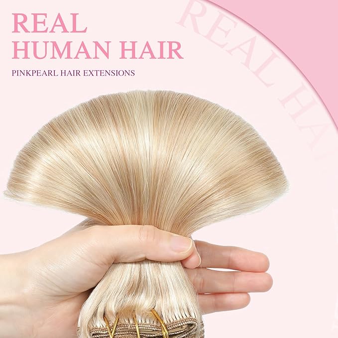 PINKPEARL Clip in Hair Extensions #27P60 Caramel Blonde Highlighted Platinum Blonde 120g 7pcs 16 Inch Clip in Hair Extensions Real Human Hair Hair Extension Clip Ins(#27P60-16)
