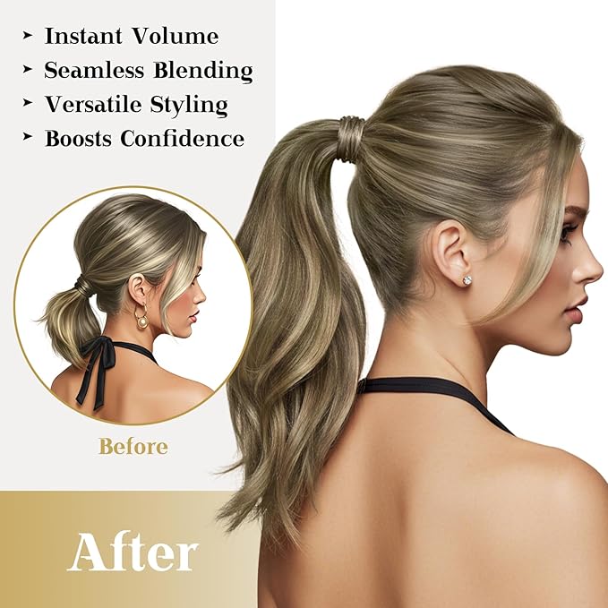 Ve Sunny Hair Extensions Ponytail Real Human Hair Wrap Around Clip in Ponytail Hair Extensions Straight Extensions Human Hair for Women Walnut Brown Ombre Light Brown Balayage Blonde 16inch 80G