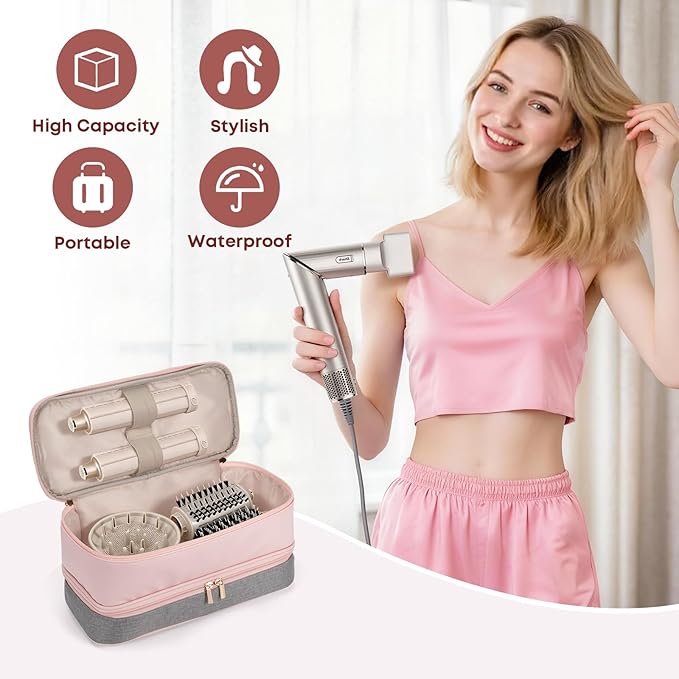 Travel Carrying Case for Shark Flexstyle FlexFusion Revlon Hair Dryer Airwrap, Portable Double Layer Shark Hair Tools Storage Organizer Bag for Airwrap Styler and Attachments, Pink Gray-Bag Only