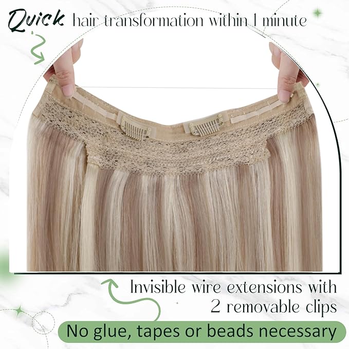 RUNATURE Wire Hair Extensions Real Human Hair, Balayage Invisible Fish Line Extensions, Straight Remy Natural Hair, Add Volume 16 Inch 80g #18/22/60 Ash Blonde to Light Blonde Mix Bleach Blonde
