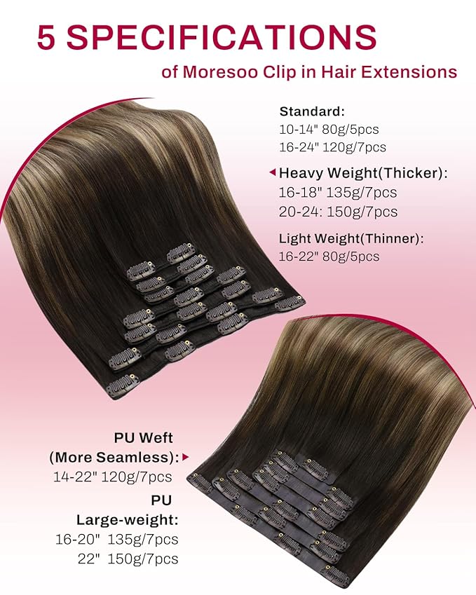 Moresoo Human Hair Clip in Extensions Ombre Real Hair Extensions Clip in Human Hair Balayage Dark Brown to Dark Ash Blonde with Dark Blonde Double Weft 7pcs/150g 20inch