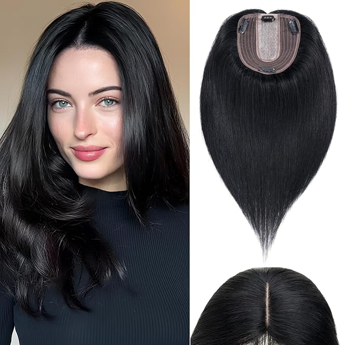 Rich Choices Hair Toppers for Women Real Human Hair 100% Human Remy Toppers NO Bangs for Women with Thinning on Top Clip in Hairpiece 4"x4.7"Lace Base 16 Inch #1 Jet Black
