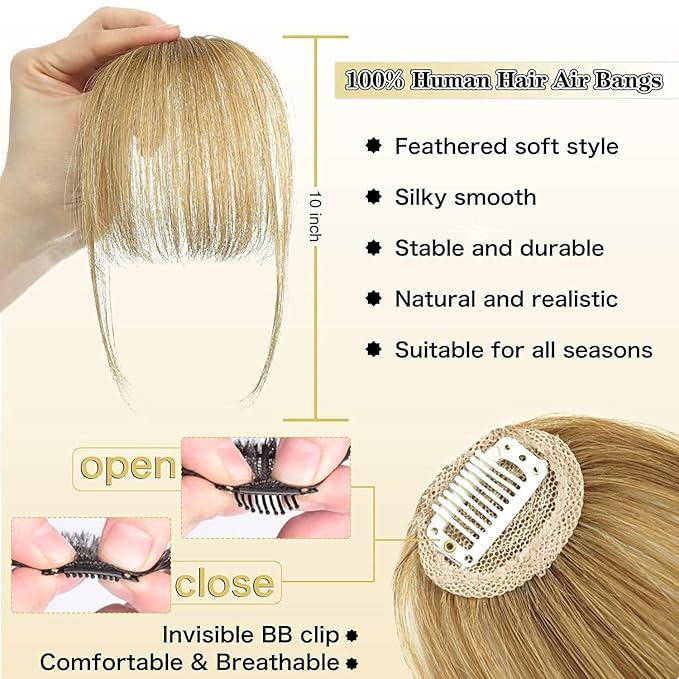 NAYOO Wispy Bangs Hair Clip - Ash Blonde 100% Real Human Hair Clip in Bangs for Women Fringe with Temples Hairpieces for Daily Wear (Ash Blonde, Wispy Bangs)