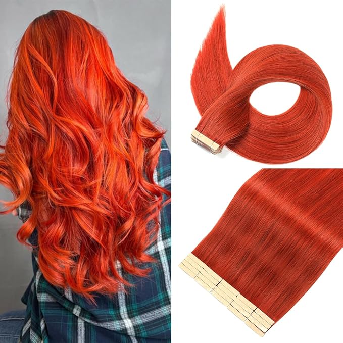 Tape in Hair Extensions Real Human Hair 24 Inch Copper Red Tape for Skin Weft Hair Extension Invisible Tape in Hair Extensions Straight Remy Human Hair for Women 20pcs