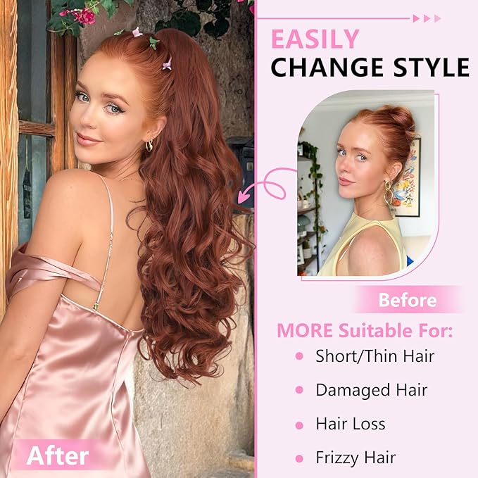 ALXNAN Ponytail Extension,24 Inch Claw Clip in Long Curly Wavy Reddish Orange Ponytail Hair Extension Jaw Clip on Pony Tails Hairpiece for Women