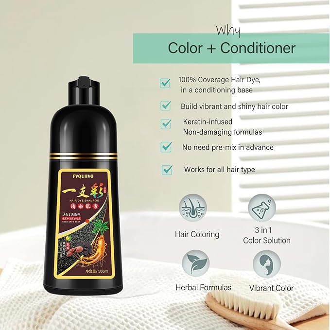 Black Hair Dye Shampoo, Hair Color Shampoo for Women Men, Covers Grays in Minutes, Champu Para Canas, Easy to Use, 16.90 Fl Oz