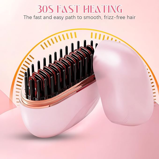 Mini Hair Straightener Brush, Wireless Rechargeable, 3-Speed Temperature Control, Portable for Home and Travel, Black (Black)