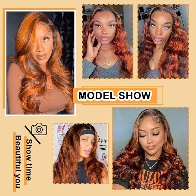 P4/350 Ginger Orange and Brown Colored Body Wave Lace Front Wigs Human Hair 13x4 Highlight HD Lace Front Wig Human Hair Pre Plucked for Black Women 180% Density Glueless Wig 32Inch