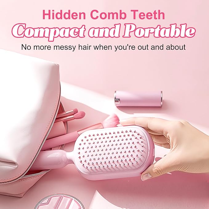 Self Cleaning Hair Brush, Retractable Cushion Massage Comb,Air Cushion Comb,Easy Clean,One-pull Clean Anti Static Brushs, Hairs Styling Tools for All Hairs Types (Pink)