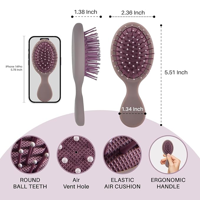 RHOS Mini Hair Brush for Women,Men and Kids-Travel Size Hair Brush for Purse,Pocket,backpack-Small Cushion Paddle Brush with Soft Bristles-Mini Detangler Brush for All Hair Types(1 Pack-Purple)