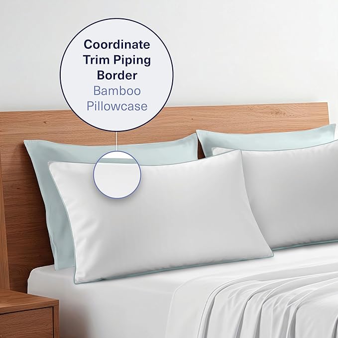 Kickoff Viscose Bamboo Pillowcase, Standard, Set of 2, 100% Organic Hidden Zippered Viscose Bamboo Pillow Case Standard Size, Cooling Pillow Cover for Hot Sleepers (20"x26", Trimmed Coastal Blue)